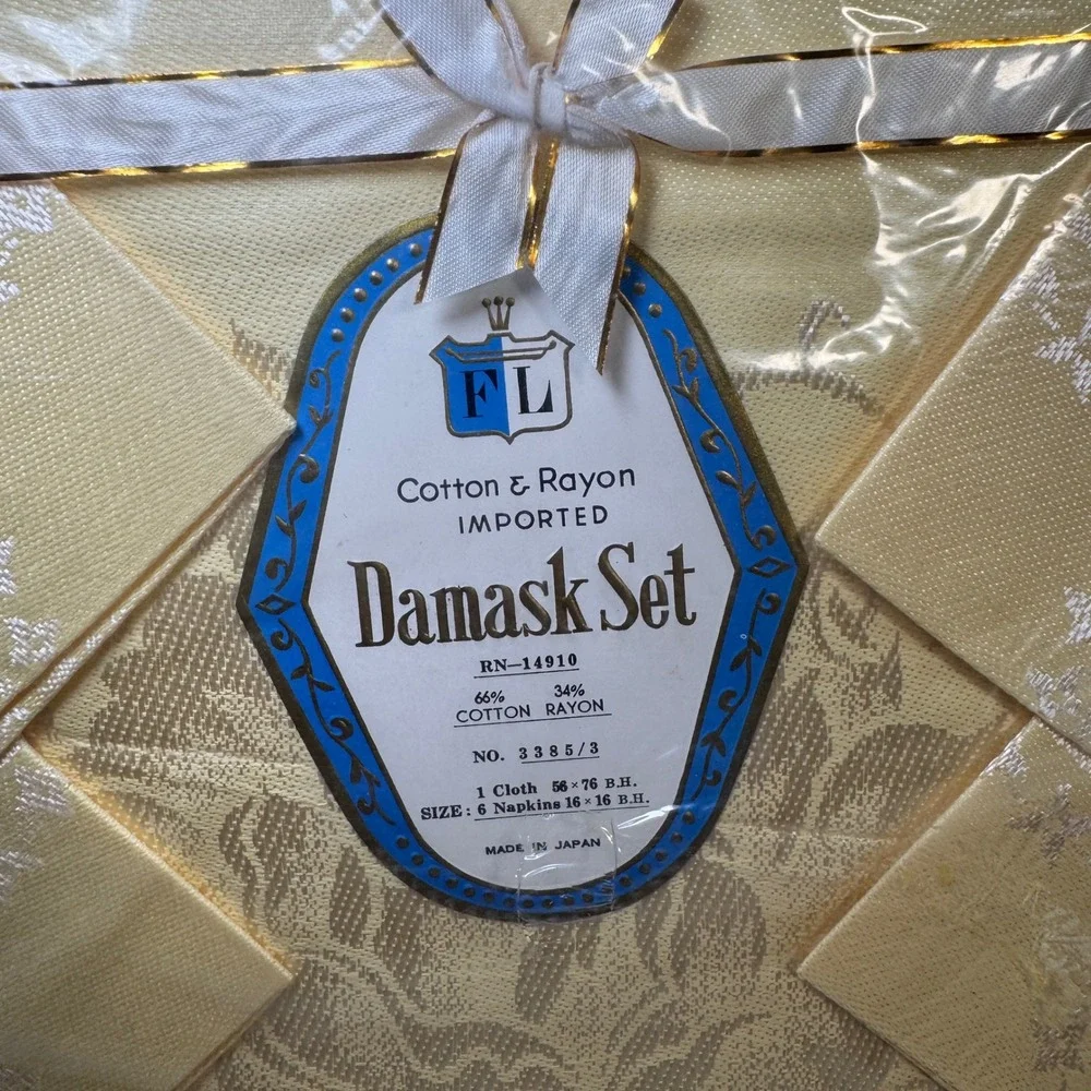 Vintage FL Gold Damask Tablecloth and 6 Napkin Set 54x74 Floral Made in Japan